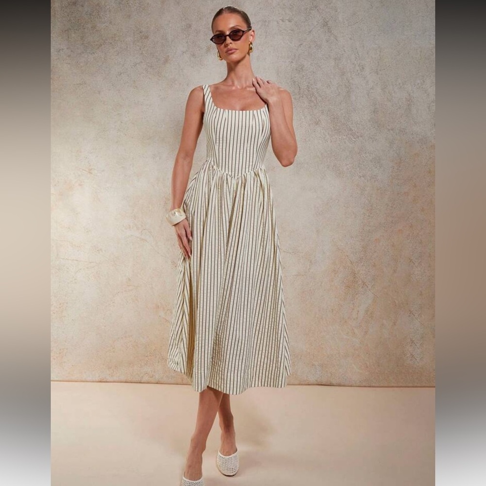 Cream Ruched Sleeveless Midi Sundress